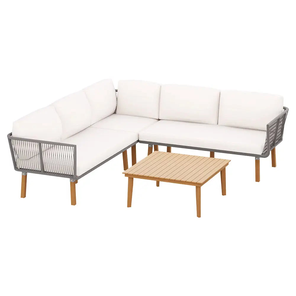 Acacia & aluminium 5-seater outdoor sofa set setting 1