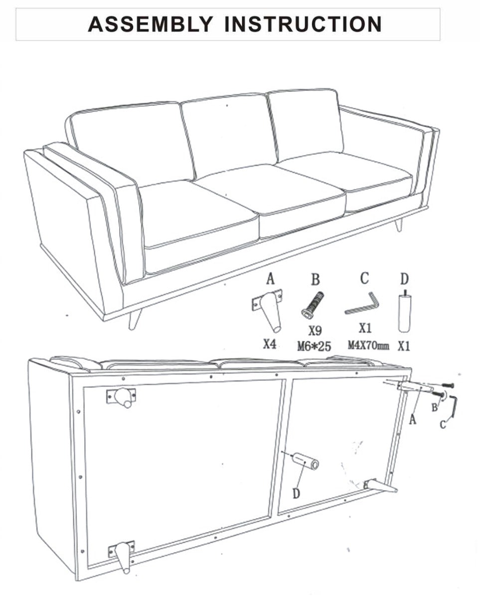 Black and white assembly instruction diagram for a sofa with parts labeled and tools shown.