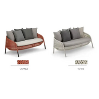Two outdoor sofas with cushions, one in orange and one in white, on a white background.