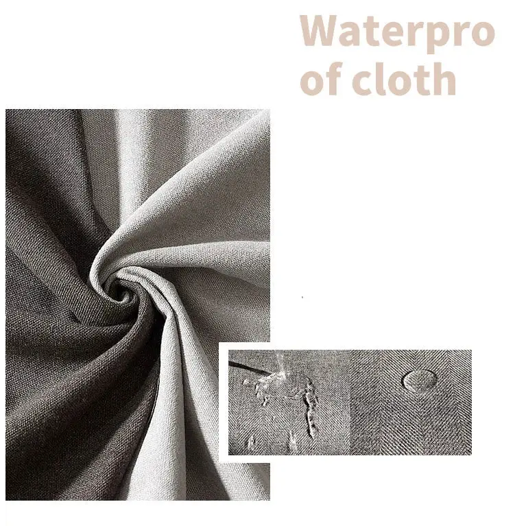 Gray fabric with water resistance text and images on a white background