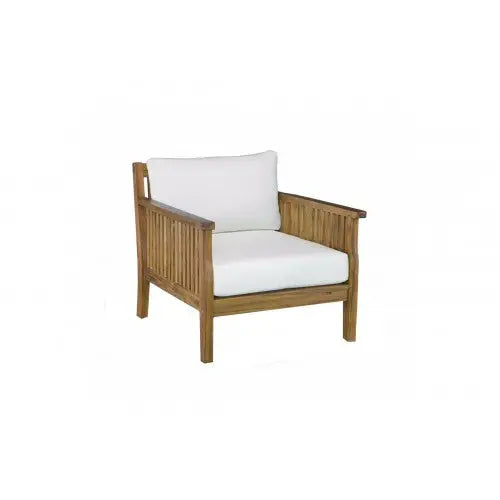 Teak club chair with white cushions on timeless arizona sofa armchair