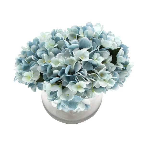 Artificial blue hydrangea in delicate mixed blue petals with glass vase