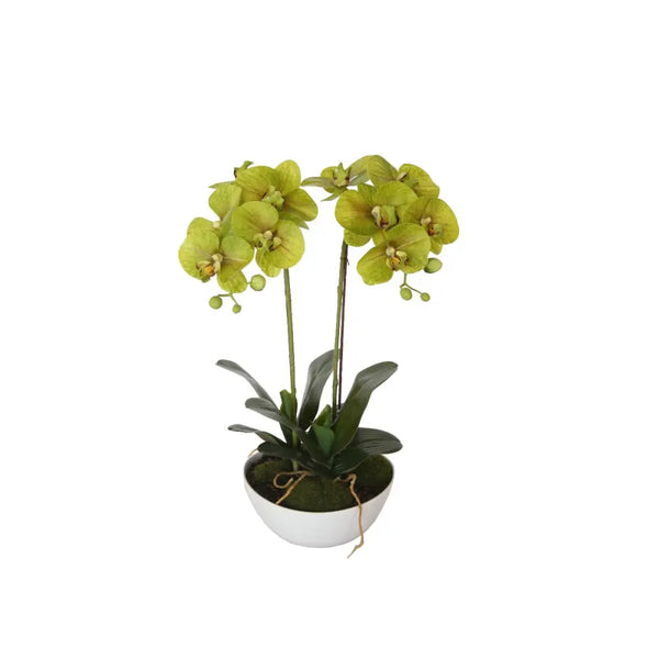 Artificial dual butterfly orchid plant in white pot