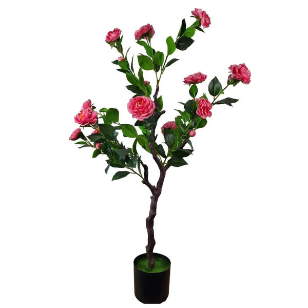 Artificial flowering camellia tree with pink flowers in pot - 100cm