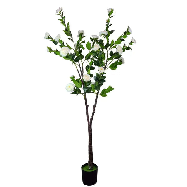 Artificial camellia tree with white flower in black vase, lush green leaves