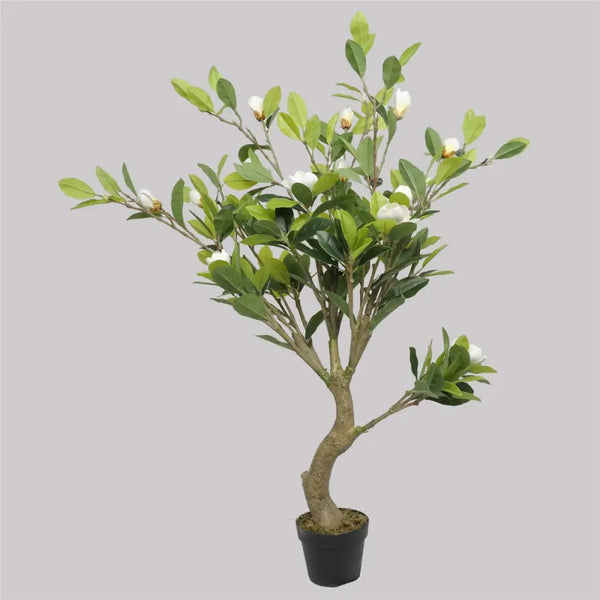 Artificial flowering magnolia tree with white flowers in pot, 130cm long