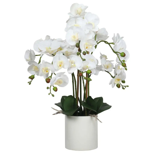Handmade artificial white orchid in faux white pot, perfect for interior color schemes
