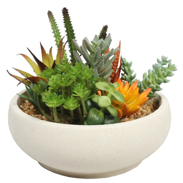 White artificial succulent potted bowl with natural stone pot 21cm