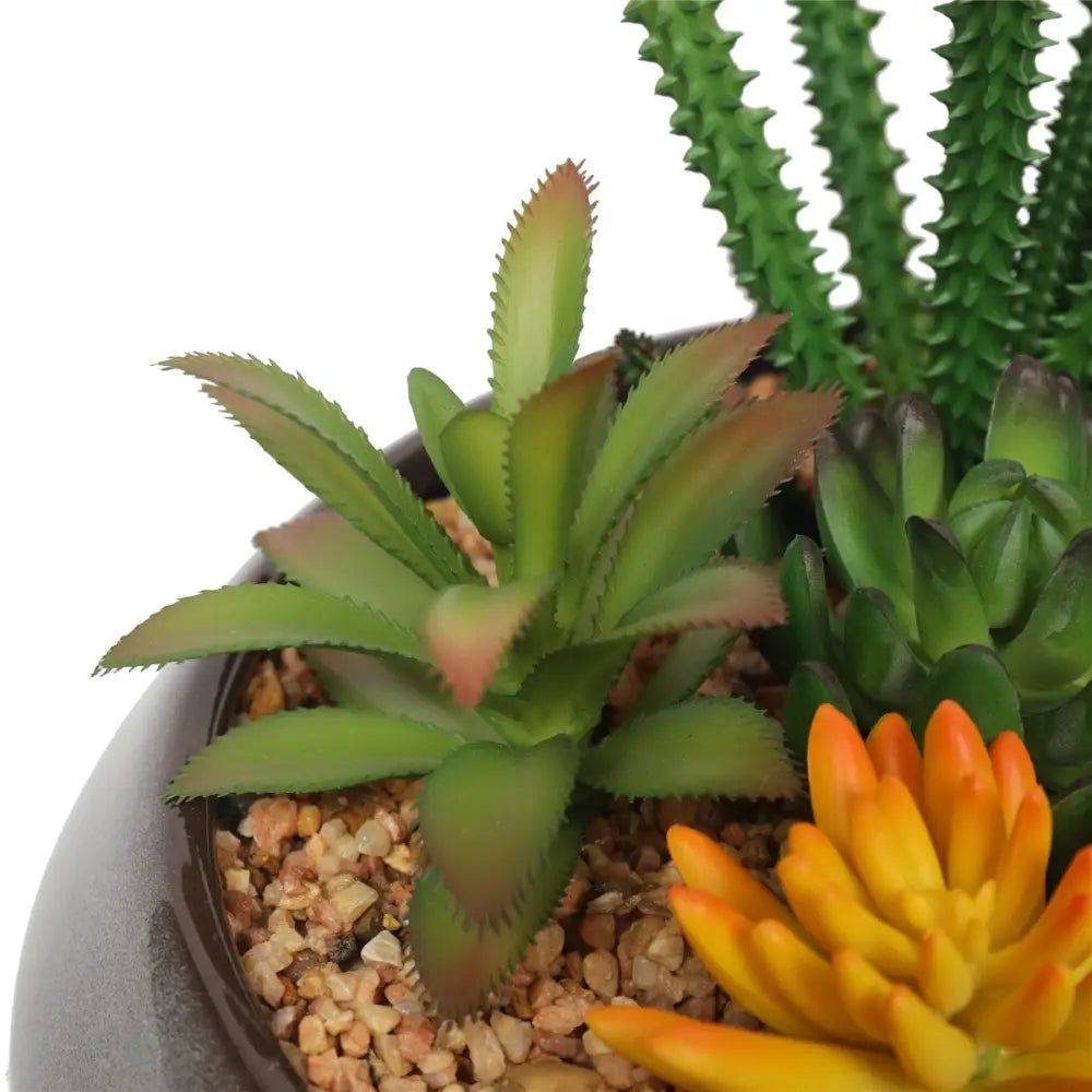 Stunning faux succulent plant with yellow flower in 19cm bowl