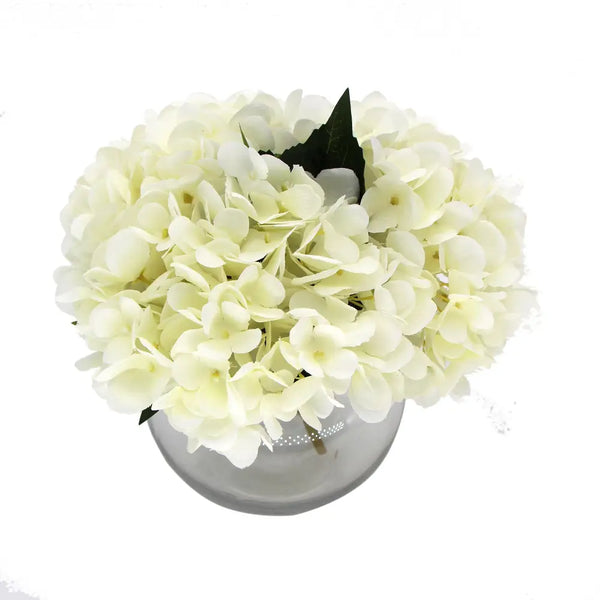 Stunning artificial white hydrangea in silver vase, perfect home decoration
