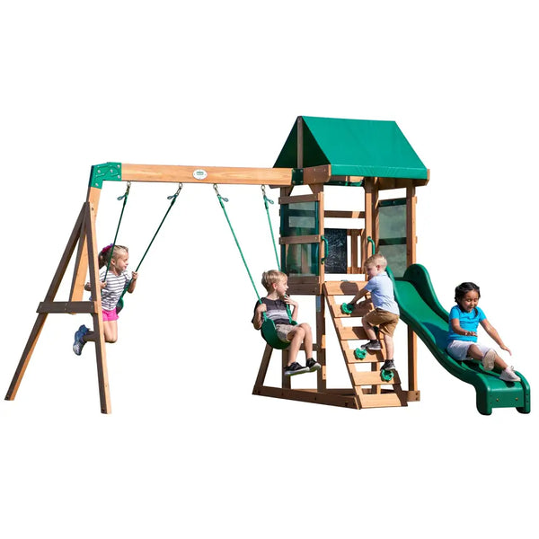 Backyard discovery buckley hill play centre with swing set and green canopy