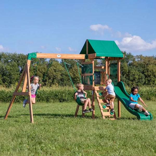 Backyard discovery buckley hill play centre with green and brown wooden swing set