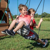Backyard discovery cedar cove play centre with boy and girl on web swing