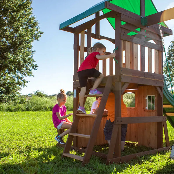 Backyard discovery lakewood play centre with raised fort and two belt swings