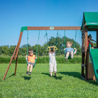 Backyard discovery lakewood play centre with two children on swing set