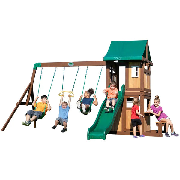Backyard discovery lakewood play centre with green canopy and two belt swings