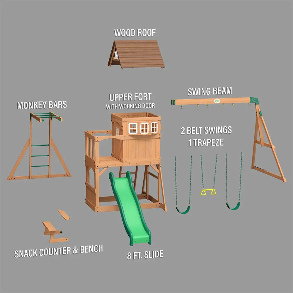 Wooden swing set with slide and swing at backyard discovery montpelier play centre set