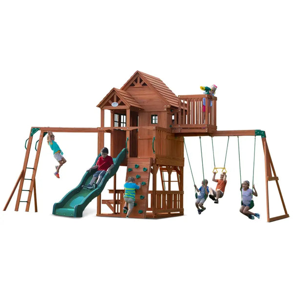Backyard discovery skyfort ii play centre with swing set featuring swing bars and swings
