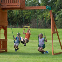 Two children playing on a swing set at backyard discovery skyfort ii play centre