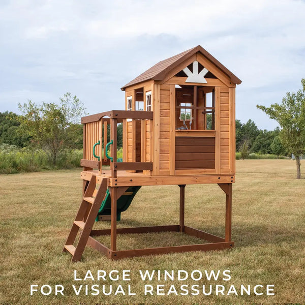 Wooden playhouse with slide - backyard discovery echo heights cubby house