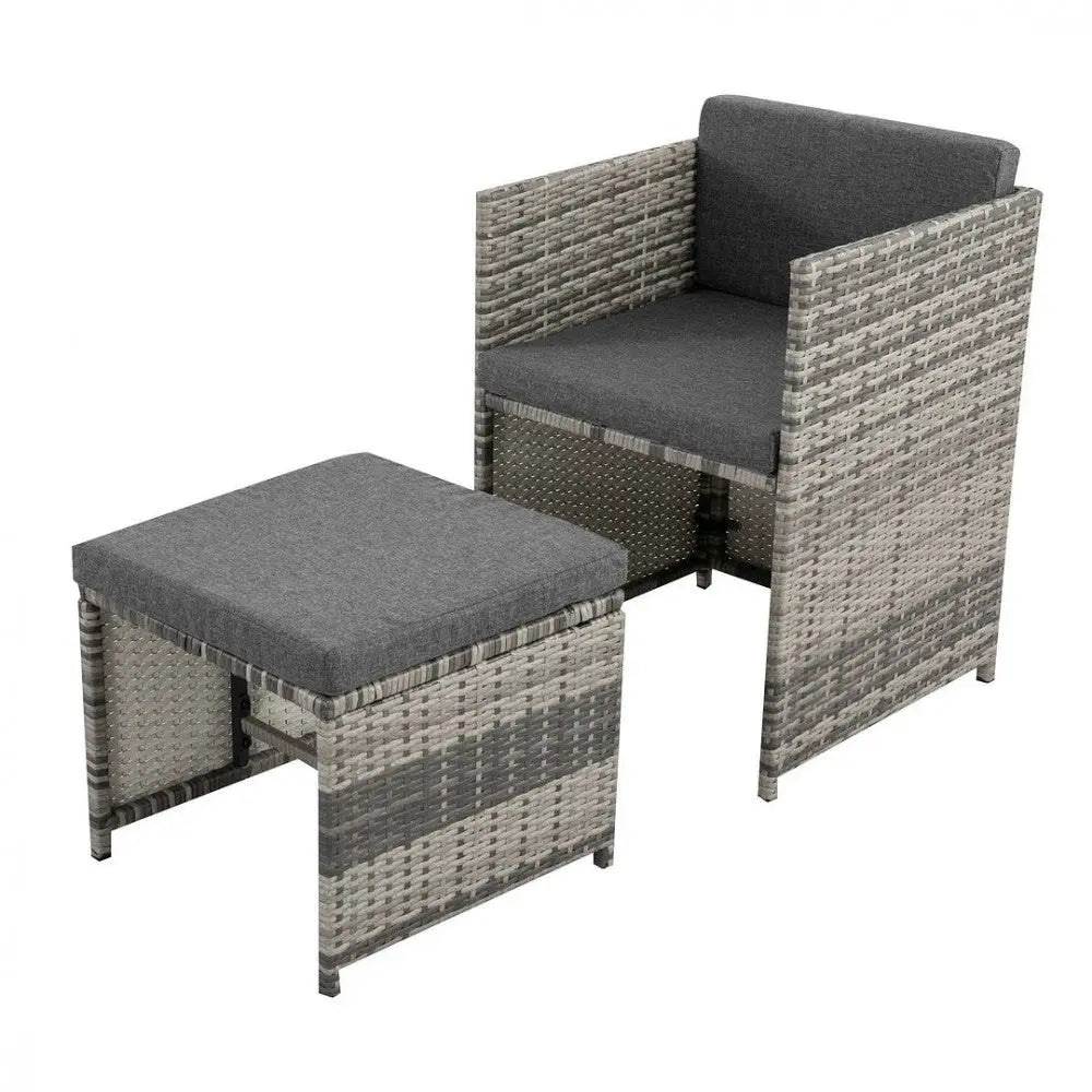 Grey wicker lounge chair and ottoman in bali 13pc rattan outdoor dining set