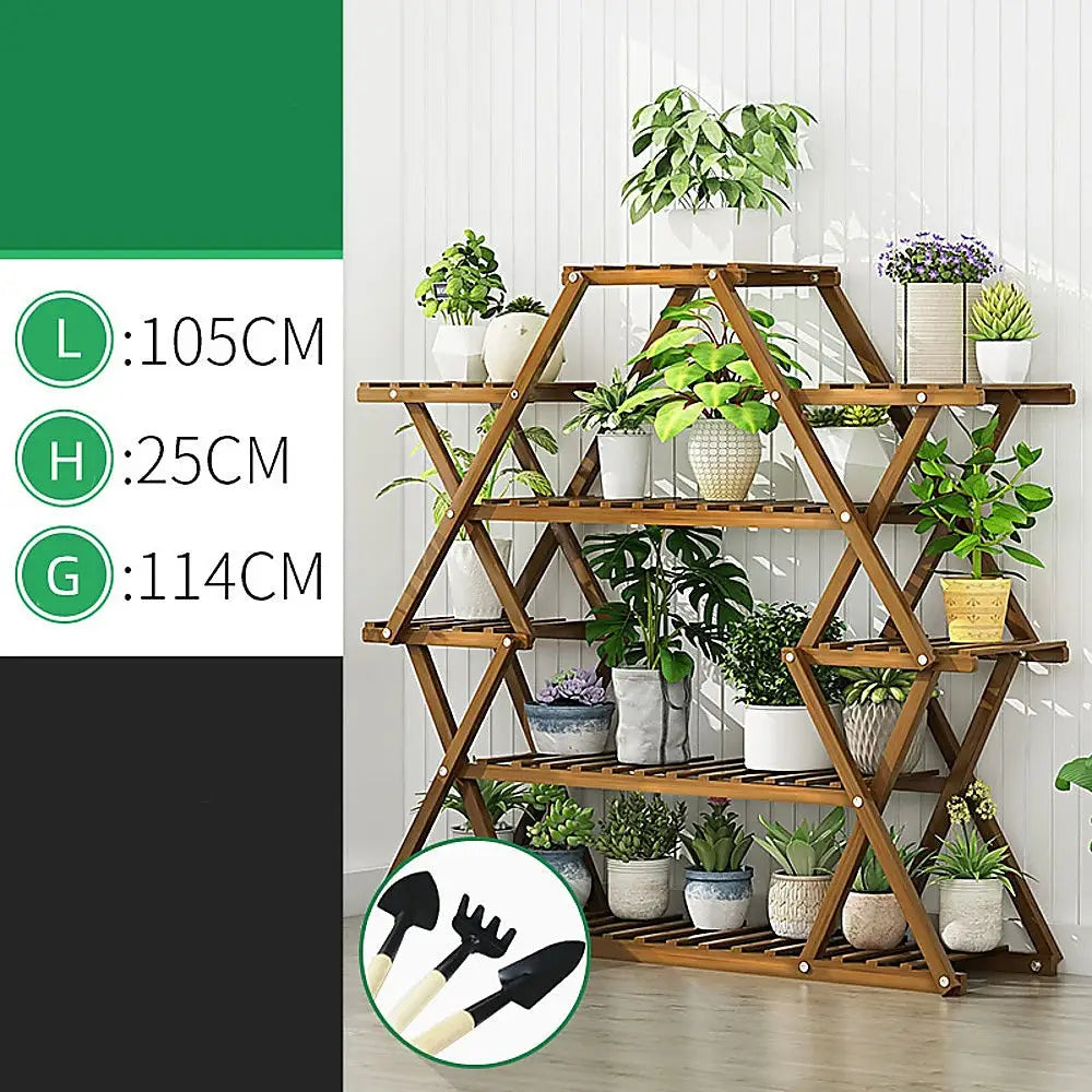 Bamboo multilayer plant shelf stand - dark wood with plants and pots