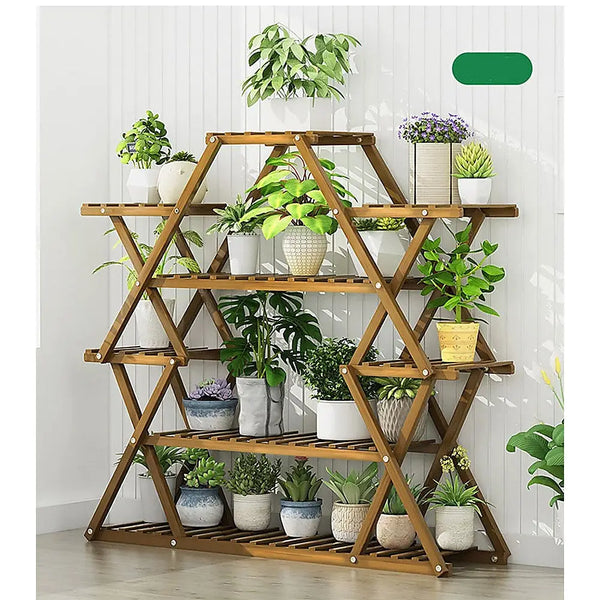 Bamboo multilayer plant shelf stand - dark wood with pots and plants