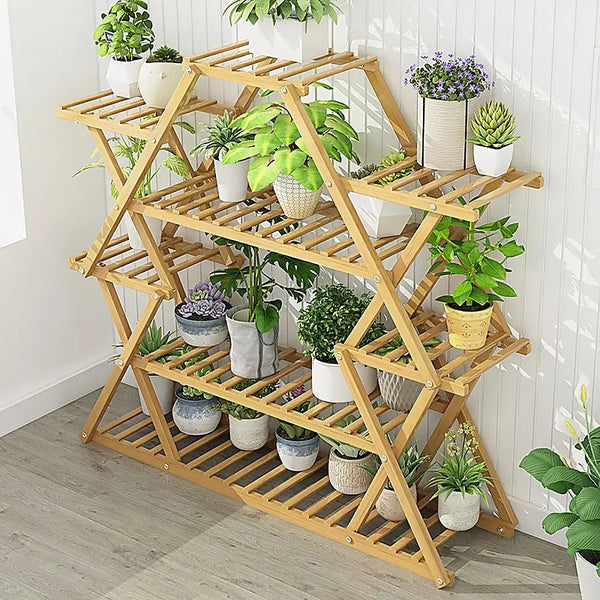 Travis machinery bamboo multilayer plant stand with pots and plants - light wood