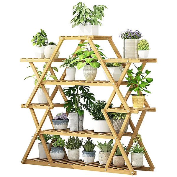 Bamboo multilayer plant shelf stand with pots and plants - travis machinery bamboo