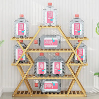 Bamboo multilayer plant shelf stand with paint cans