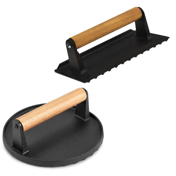Black wooden handle cast iron pizza cutter handle displayed on bbq heavy duty round / rectangle cast iron grill burger press plus steak griddle product