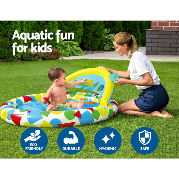 Bestway kids above-ground pool with canopy, woman playing with baby in pool
