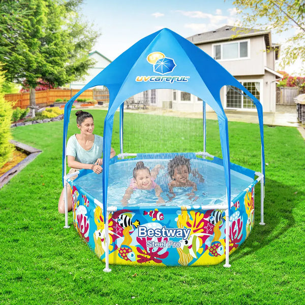 Bestway kids pool with rust-resistant metal frames, woman and child playing in backyard pool
