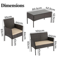 Breeze 4-seat wicker outdoor lounge set - dimensions displayed on four piece outdoor dining set