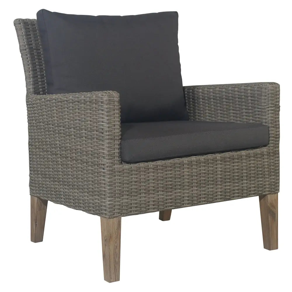 Gray wicker chair with black cushion from byron 3pc rattan outdoor sofa set, 2-seater sofa