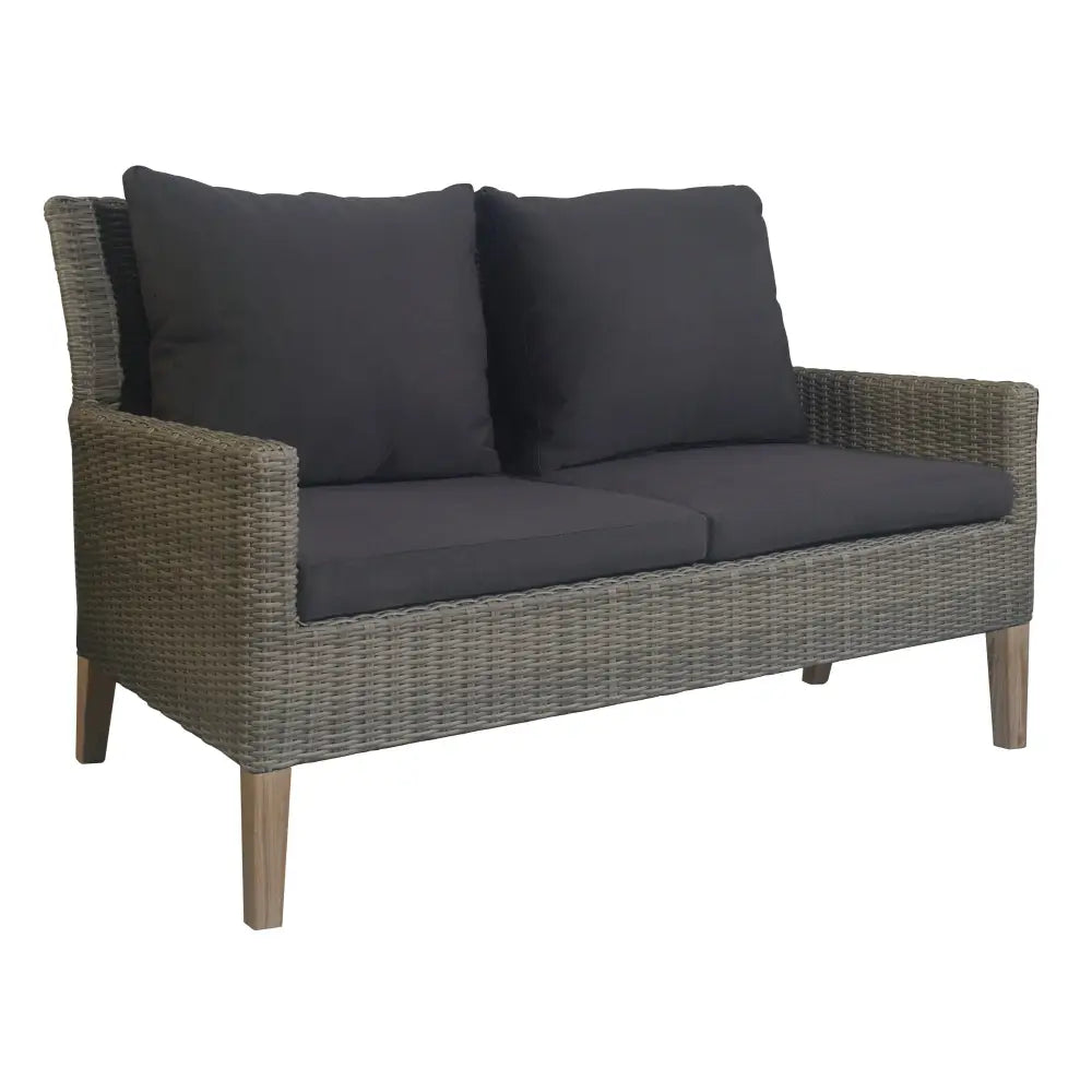 Grey wicker sofa with two cushions from byron 4pc rattan outdoor sofa set with coffee table