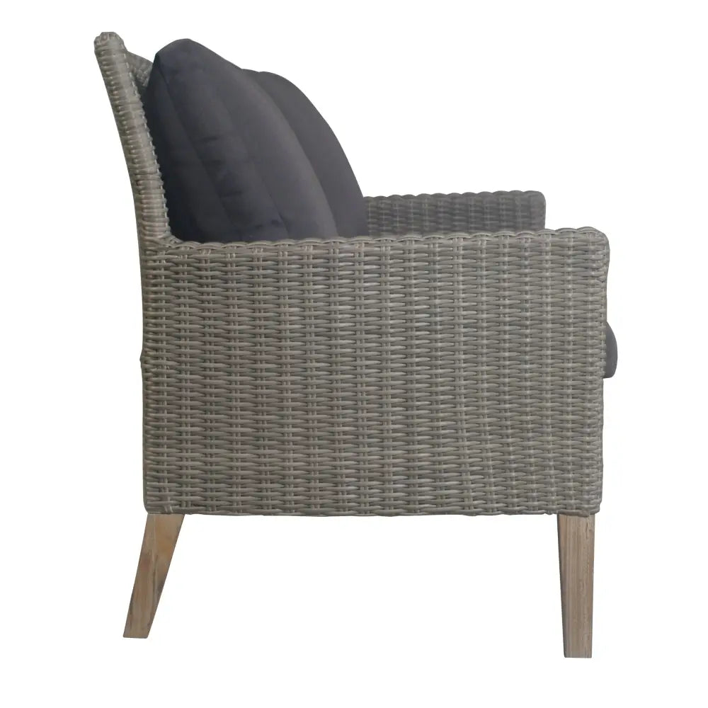 Gray wicker chair with black cushion, part of byron 4pc rattan outdoor sofa set with coffee table