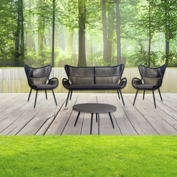 Outdoor sofa set with dark grey chairs and steel ed coating coffee table on wooden deck