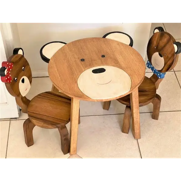 Children’s bear set table and 2 chairs - handmade: a beautiful kids’ furniture set with a wooden table, two chairs, and a teddy bear