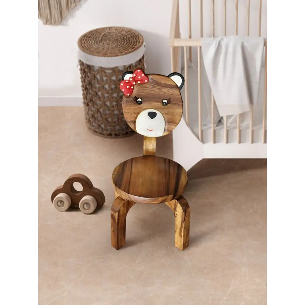 Children’s bear set table and 2 chairs - handmade wooden toy with red bow, perfect for kids growing experience