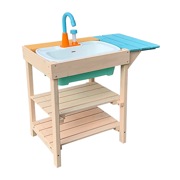 Children’s outdoor play kitchen with sink, shelf, and faucet for small garden area