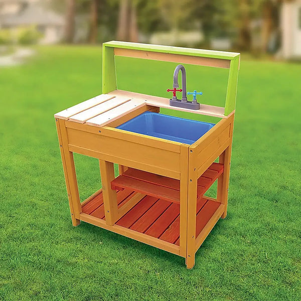 Children’s outdoor play mud kitchen sand pit with display shelf - wooden sink with blue basin and green lid