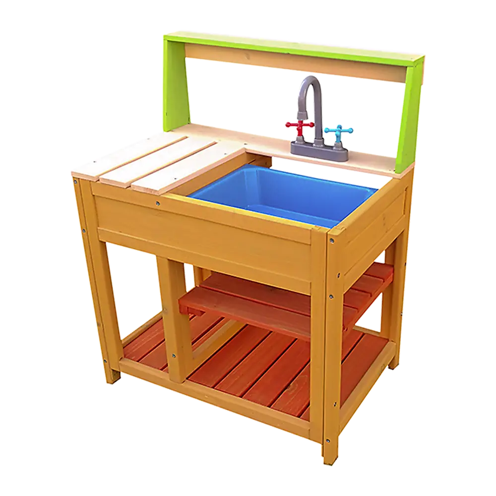 Children’s outdoor play mud kitchen sand pit with display shelf - wooden sink with blue and green sinks