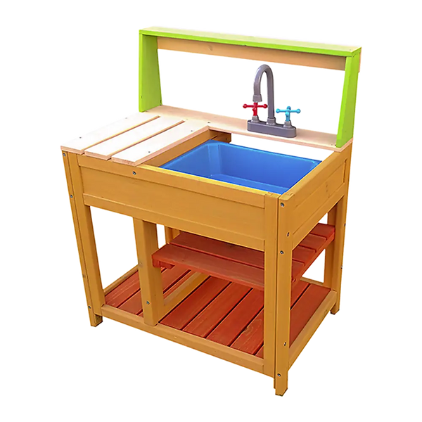 Children’s outdoor play mud kitchen sand pit with display shelf - wooden sink with blue and green sinks