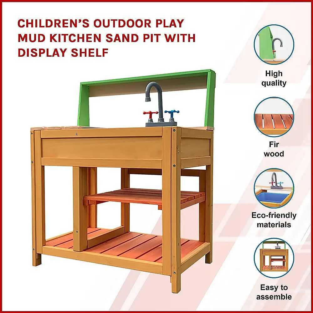 Children’s outdoor play display shelf in children’s outdoor play mud kitchen sand pit with display shelf