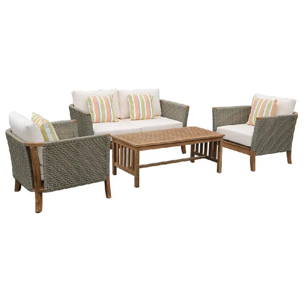 Classic outdoor lounge set 4 pcs featuring eucalyptus timber furniture on white background