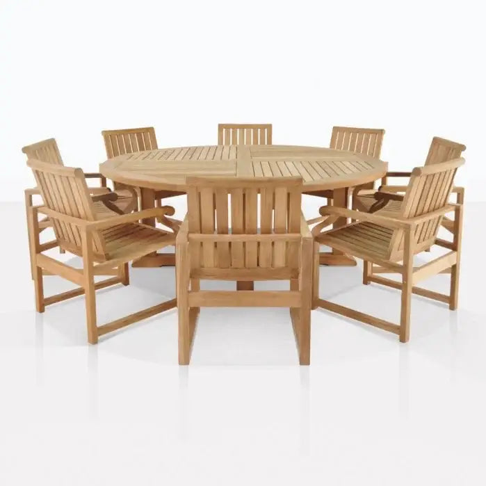 Coastal teak outdoor round dining table set with 8 chairs - natural 1