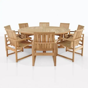 Coastal teak outdoor round dining table set with 8 chairs - natural 1