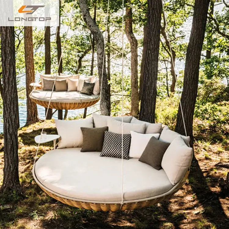 Courtyard outdoor rattan open-air swing chair with attached table - natural brown or white 2