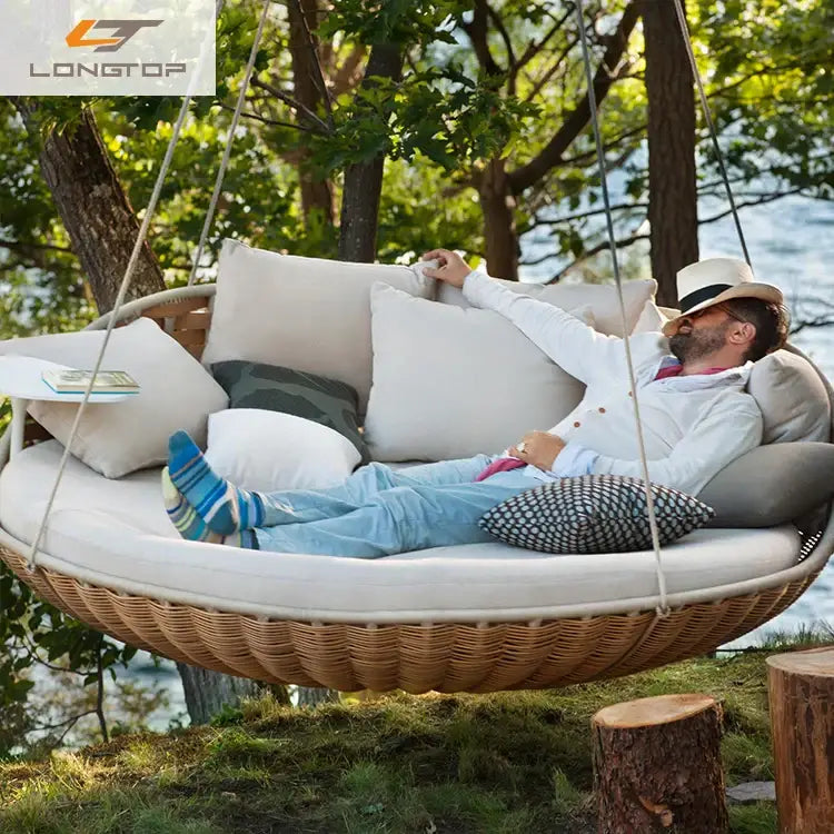 Courtyard outdoor rattan open-air swing chair with attached table - natural brown or white 3